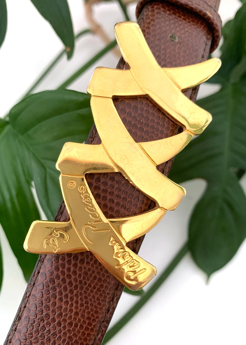 1980s PALOMA PICASSO Gold Tone Signature Brown Lizard Skin Belt