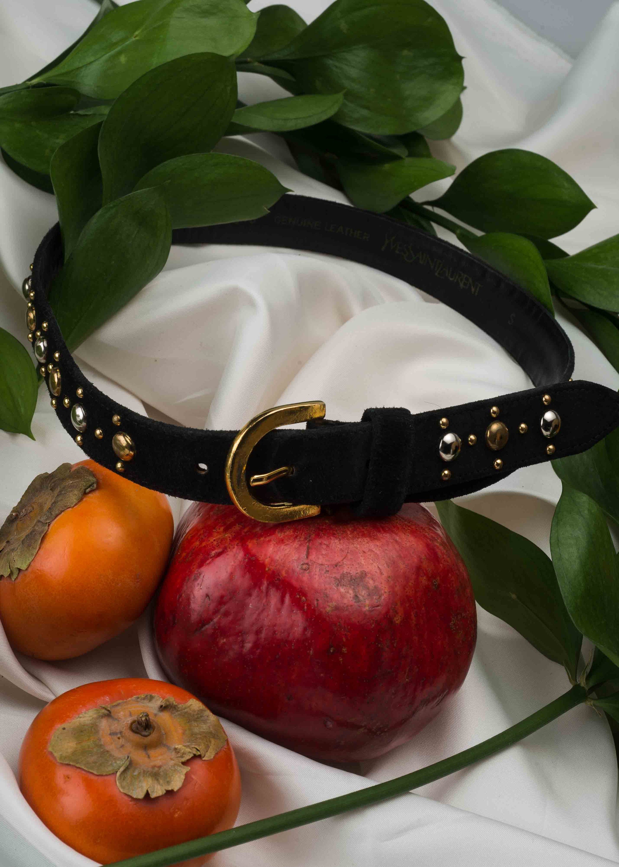 1980s// YVES SAINT LAURENT Ysl// Black Stud Suede Waist Belt 