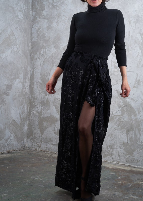 1980s Custom Made Silk Velvet Burnout Wrap Skirt O