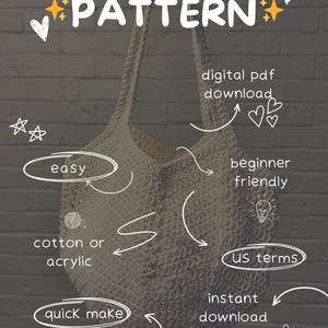 May include: Cream-colored crocheted tote bag with long handles. The image includes the word "PATTERN" and other text: "easy", "cotton or acrylic", "quick make", "digital pdf download", "beginner friendly", "US terms", and "instant download".