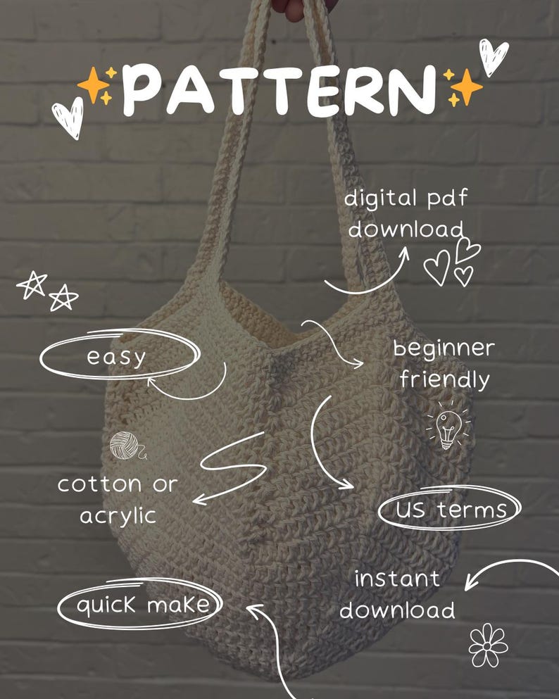 May include: Cream-colored crocheted tote bag with long handles. The image includes the word "PATTERN" and other text: "easy", "cotton or acrylic", "quick make", "digital pdf download", "beginner friendly", "US terms", and "instant download".