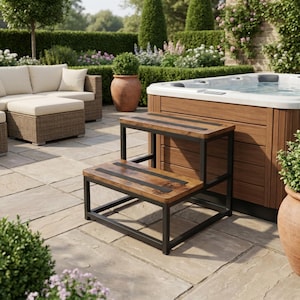 May include: A two-tier spa step stool featuring a dark brown wood-grain finish on the treads and a sturdy black metal frame. Each step includes two horizontal black non-slip grip strips for added traction, designed for use with a hot tub.