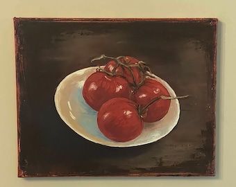 Original Oil Painting Still Life Tomatoes, 8x10 Canvas Wall Art