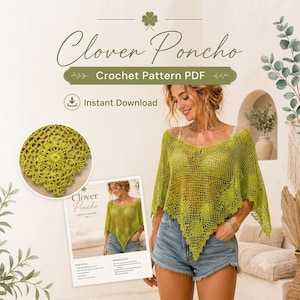 Modello per poncho all'uncinetto Clover in formato PDF, adatto ai principianti, tutorial passo passo, taglie dalla XS alla 3XL, download immediato.