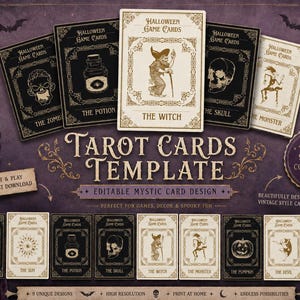 Op de afbeelding: Een verzameling Halloween tarotkaarten met vintage ontwerpen. Elke kaart heeft unieke illustraties en tekst, waaronder "The Zombie", "The Potion" en "The Witch". De kaarten zijn gerangschikt op een donkerpaars oppervlak met decoratieve elementen.