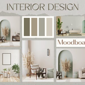 Peut inclure: Un moodboard de design d'intérieur avec une palette de couleurs et des vignettes de pièces. La palette comprend des nuances de marron et de gris. Les vignettes présentent des meubles modernes, des plantes et des éléments décoratifs aux tons neutres.