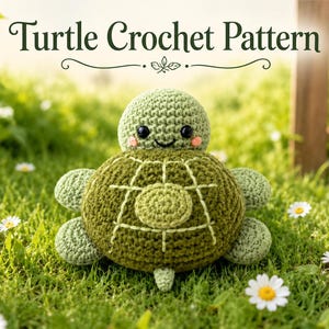 May include: A crochet turtle toy with a light green head, dark green shell featuring a light green grid pattern, and small black eyes with pink cheeks. The text "Turtle Crochet Pattern" is displayed in dark green above the toy.