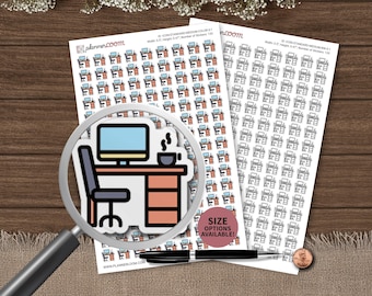 Schreibtisch mit Monitor, Kaffee, Stuhl-Symbol | Planer Aufkleber | Benutzerdefinierte Größe und Farbe | Für Planung, Bullet Journal, Scrapbook