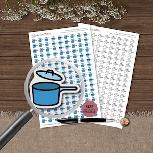 May include: Sticker sheets with a blue cooking pot design. The stickers are arranged in a grid on white paper. A magnifying glass highlights a single sticker. Text on the paper reads "planner.com" and "SIZE OPTIONS AVAILABLE!"