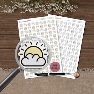 May include: Two sheets of planner stickers featuring small sun and cloud icons, with one sheet in color and one in black and white. A magnifying glass enlarges a single sun and cloud icon. Text includes plannerloom.com and size details.