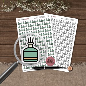 May include: Two sheets of planner stickers featuring rows of small reed diffuser icons. One sheet displays colored icons in teal and peach, while the other shows black and white outlines. A magnifying glass highlights a single teal diffuser sticker.