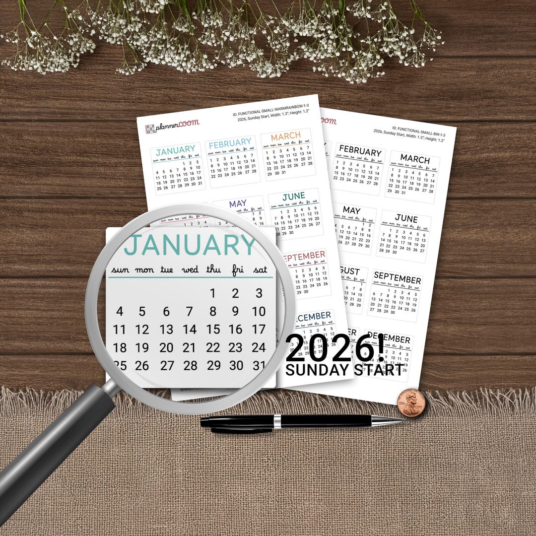 2026 Small Calendars - Sunday Start | Functional Planner Stickers ...