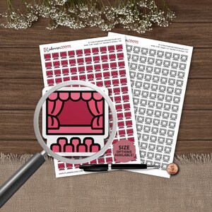May include: Two sheets of planner stickers featuring a repeating theater stage icon with red curtains and seating. One sheet displays pink icons, the other black and white. Each sticker measures 0.48 inches in width and 0.5 inches in height.