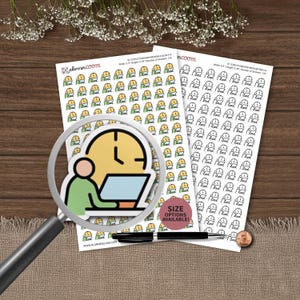 May include: Two sheets of planner stickers featuring a person working on a laptop with a clock icon. One sheet has color stickers, the other black and white. The stickers are 0.5 inches in height. A magnifying glass, pen, and penny are also in the image.