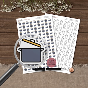 May include: Two sheets of planner stickers featuring rows of pot icons, one sheet with coloured pots and one with black outlines. A magnifying glass focuses on a single pot icon. Text includes "plannerboom", "ID: ICON STANDARD MEDIUM-2-28", and "SIZE OPTIONS AVAILABLE!"