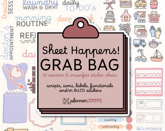 Sheet Happens Wundertüte | Unperfekte Oops Misfit Planer Sticker Blätter | 10-Blatt-Überraschungspaket | Schrift, Ikone, Label, Funktional und/oder BUJO