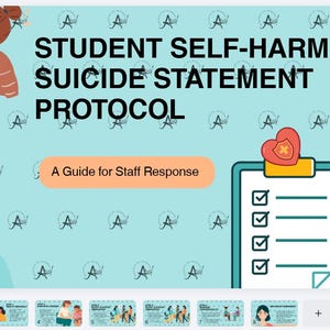 May include: A teal graphic with illustrations of people and the text "STUDENT SELF-HARM & SUICIDE STATEMENT PROTOCOL." The text "A Guide for Staff Response" is also present. A checklist with a heart icon is on the right.