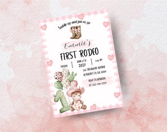 Invitación a la primera fiesta de rodeo con temática vaquera, invitación al primer cumpleaños, fiesta de rodeo rosa, invitación de cumpleaños del oeste rosa, invitación al primer cumpleaños de niña.