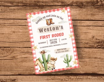 Invitación para el primer cumpleaños de niño con temática de rodeo, fiesta de cumpleaños estilo western, fiesta rústica de cumpleaños, fiesta temática de rodeo de vaquero, invitación imprimible y editable.