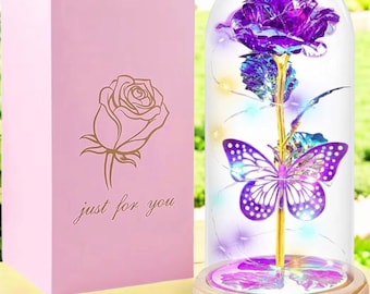 Purple Butterfly Galaxy Rose in Glass Dome, Eternal LED Flower Gift for Mom, Romantic Light Up Rose Decor, Birthday Gift for Women