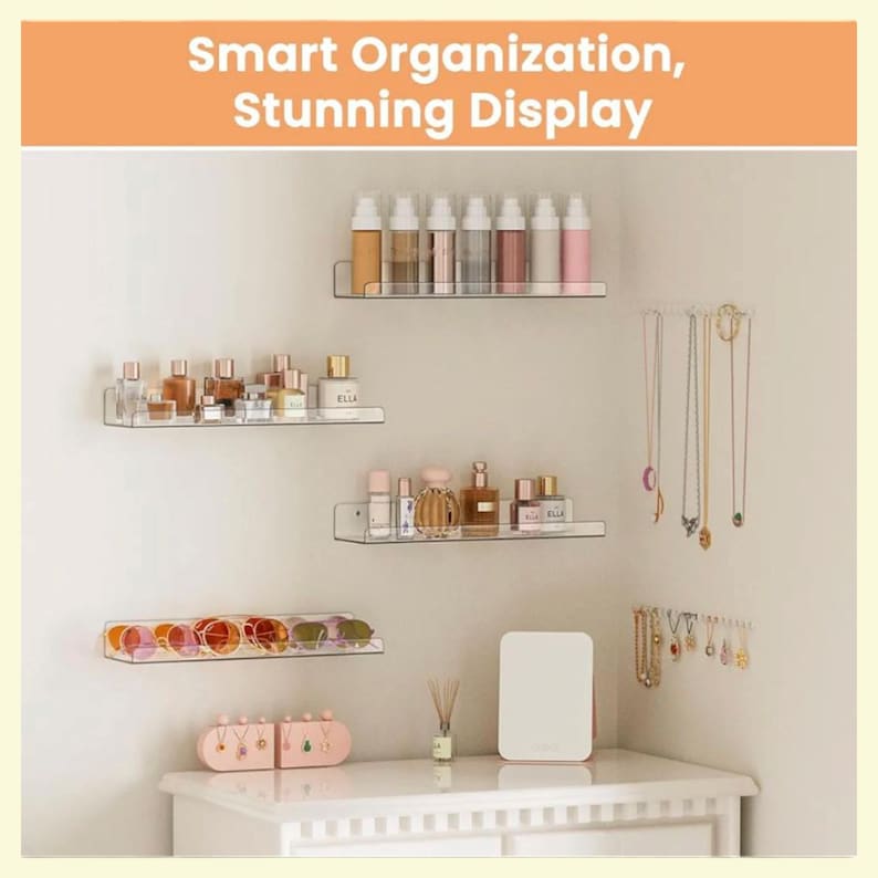 Clear Acrylic Floating Wall Shelves Set of 4, Bathroom Storage Organizer, Perfume & Skincare Display Shelf, Kids Book Ledge, Nursery Decor image 4