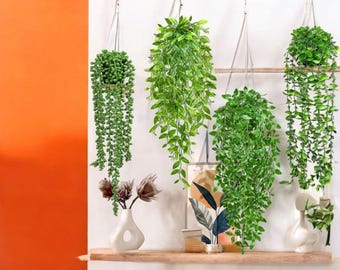 Faux Hanging Plants Set of 4 in Pots, UV Resistant Artificial Greenery Decor, Eucalyptus Vine and String of Pearls for Bathroom Shelf Decor