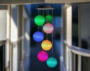 Solar Color Changing Wind Chime Outdoor Decor, Hanging LED Ball Lights, Waterproof Solar Garden Mobile, Patio Porch Window Yard Gift for Mom