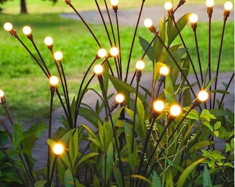 Solar Firefly Garden Lights Swaying Outdoor Decor, Wind Motion Pathway Lights, Warm White Yard Lighting, Flexible Wire Solar Stakes 2 Pack