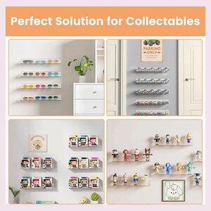 May include: A set of clear acrylic wall-mounted floating shelves displayed in four panels. The shelves hold various items including sunglasses, small toy cars, boxed collectible figures, and small character figurines arranged on white walls.