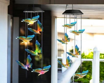 Solar Butterfly Wind Chime Outdoor Decor – Color Changing LED Hanging Lights for Garden Patio Balcony Yard Window – Waterproof Solar