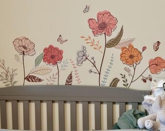 Boho Wildflower Wall Stickers Peel and Stick Floral Grass Wall Art Decals for Living Room Wall Decor, Large Botanical Nature Wall Decoration