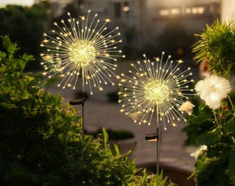 Solar Firework Garden Lights 120 LED 2 Pack Outdoor Pathway Decor, Warm White Waterproof Lights for Patio Balcony, Planters Holiday Lighting