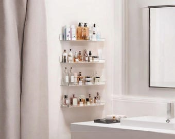 Clear Acrylic Floating Wall Shelves Set of 4, Bathroom Storage Organizer, Perfume & Skincare Display Shelf, Kids Book Ledge, Nursery Decor