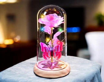 Galaxy Glass Rose with LED Light– Forever Preserved Flower Dome Gift for Women, Pink Butterfly Rose Lamp for Wife, Mom, Birthday Anniversary