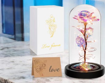 Rainbow LED Rose in Glass Dome Gift, Eternal Light Up Flower for Women, Gift from Daughter Son, Romantic Anniversary Birthday Decor