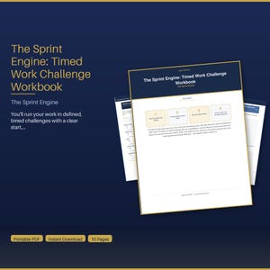 Peut inclure: Un cahier intitulé "The Sprint Engine: Timed Work Challenge Workbook" avec un fond bleu foncé. Le cahier a une couverture blanche avec des bordures et du texte dorés. Le texte sur la couverture indique "The Sprint Engine: Timed Work Challenge Workbook".