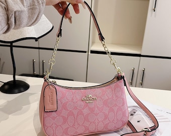 Pink Canvas Shoulder Bag | Mini Chain Strap Purse for Women