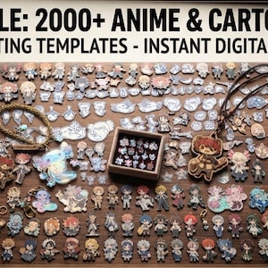 May include: A digital collection of over 2000 anime and cartoon vector laser cutting templates, displayed as a large assortment of small, colorful character-themed wooden charms, keychains, and pins arranged on a flat surface.