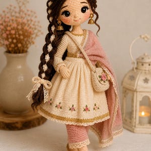 Gehaakte poppatroon amigurumi pdf | Traditionele zelfstudie prinsessenpop | Kleding met kanten vlecht Dupatta | Digitale download schattige knuffel