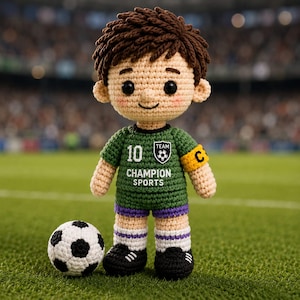 Könnte beinhalten: Gehäkelte Fußballspieler-Puppe in einem grünen Trikot mit der Nummer 10 und dem Text "Champion Sports". Die Puppe hat braune Haare, schwarze Schuhe und steht neben einem schwarz-weißen Fußball. Die Puppe ist etwa 20 cm groß.