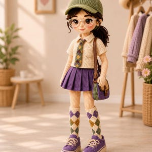 Schoolgirl Amigurumi Doll Pattern, Crochet Preppy Girl PDF, Pleated Skirt Academy Toy Tutorial, Removable Doll Clothes DIY Gift