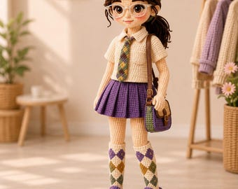 Schoolgirl Amigurumi Doll Crochet Pattern PDF, Kawaii Crochet Girl Doll, Pleated Skirt School Uniform, Removable Doll Clothes Tutorial