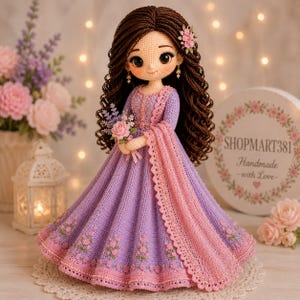 Pode incluir: Uma boneca de crochê feita à mão com longos cabelos castanhos ondulados, vestindo um vestido longo lavanda e rosa com bordados florais e um xale combinando. A boneca segura um pequeno buquê de rosas cor-de-rosa e lavanda, com brincos delicados.