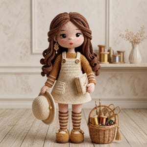 Può includere: Bambola all'uncinetto fatta a mano, con capelli castani, indossa un vestito color crema e un maglione color senape. La bambola tiene in mano un piccolo libro e un cappello. Un cestino con accessori per cucire è vicino. La bambola è alta circa 30 cm.