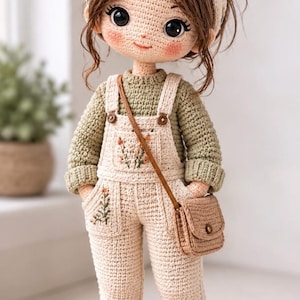 May include: A handcrafted crochet doll with brown hair styled in a bun, wearing a cream-colored headband with floral embroidery, a sage green long-sleeve sweater, cream overalls with floral details, a small brown crossbody bag, and beige sneakers.