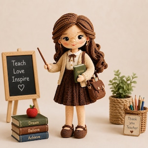 Patrón de ganchillo en PDF para muñeca amigurumi de maestra, tutorial para muñeca de niña linda con ropa removible, cárdigan y gafas, juguete DIY.
