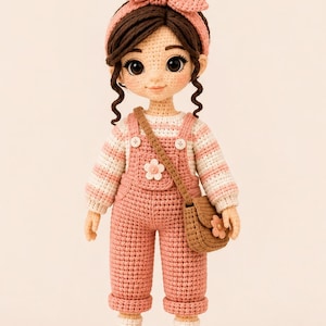 May include: A handcrafted crochet doll with dark brown hair in a bun, wearing a pink headband with a bow, a white and pink striped long-sleeve shirt, pink overalls with a white flower detail, a brown crossbody bag, and pink sneakers with white laces.