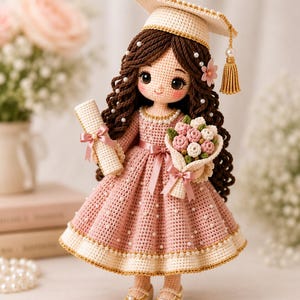 Patrón de muñeca de graduación a crochet, amigurumi de niña graduada en PDF, regalo de graduación universitaria de lujo hecho a mano, recuerdo de la clase de 2026, regalo para graduados