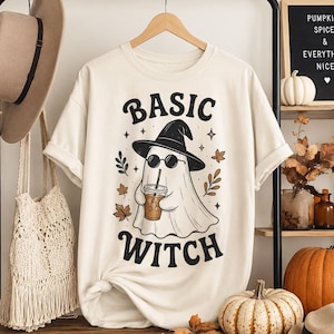 Basic Witch Ghost T-Shirt, Halloween Spooky Season Tee, Gothic Style Cotton Tee