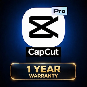 Pode incluir: Gráfico digital com o logotipo CapCut, apresentando um design em branco e preto dentro de um quadrado branco arredondado. A palavra "Pro" está acima do logotipo. Abaixo do logotipo está a palavra "CapCut" e uma faixa que diz "1 ANO DE GARANTIA".